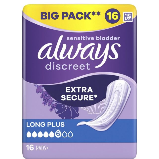 Always Discreet Sensitive Bladder Incontinence Pads Long Plus Pad Thin - 16 Pack