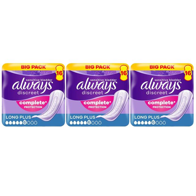 Always Discreet Sensitive Bladder Incontinence Pads, Long Plus, 48 Count (16 x 3 Packs)