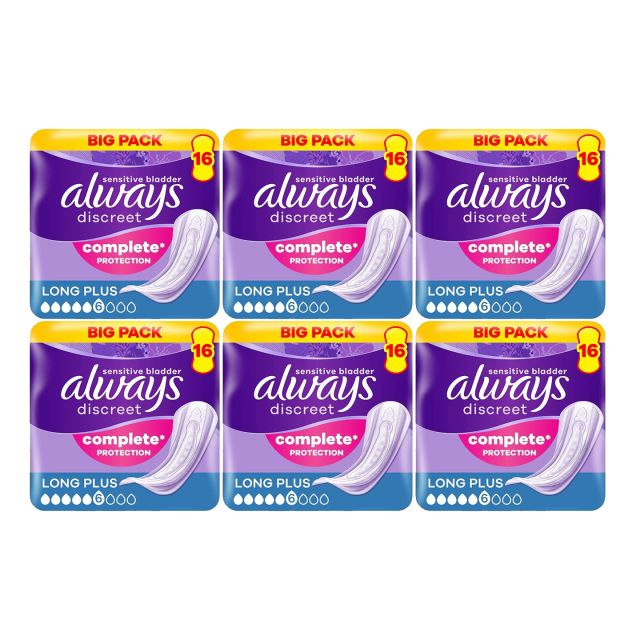 Always Discreet Sensitive Bladder Incontinence Pads, Long Plus, 96 Count (16 x 6 Packs)
