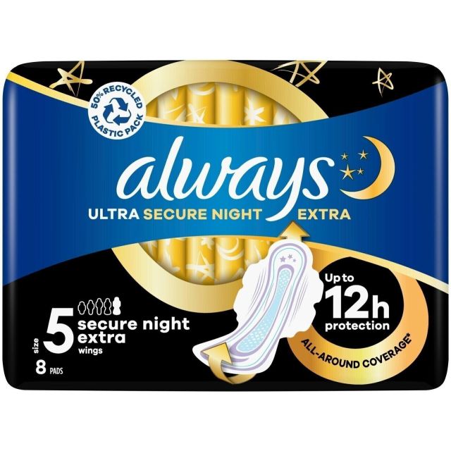 Always Ultra Size 5 Sanitary Towel Pads Secure Dry Night Extra with Wings, Pack of 8