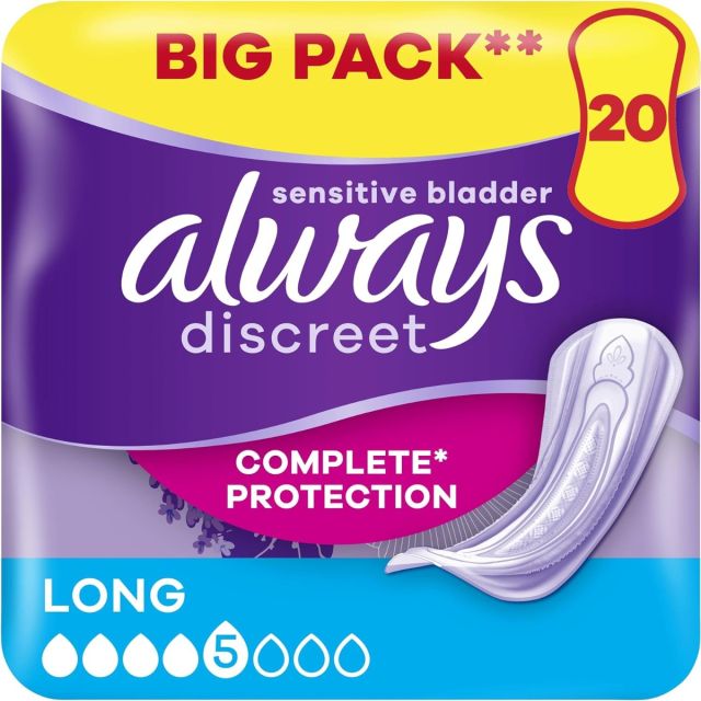 Always Discreet Incontinence Pads Women, Long, 40 High Absorbency - Pads 20 