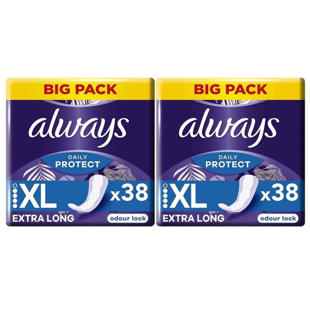 Always Dailies Pantyliners Daily Protect XL, Extra Long, Odour Lock, 76 Count (38 x 2 Packs)