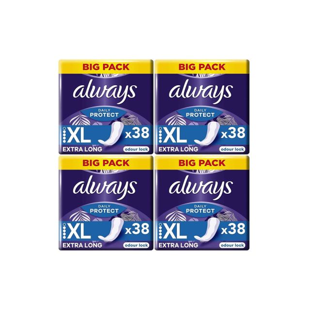 Always Dailies Pantyliners Daily Protect XL, Extra Long, Odour Lock, 76 Count (38 x 4 Packs)