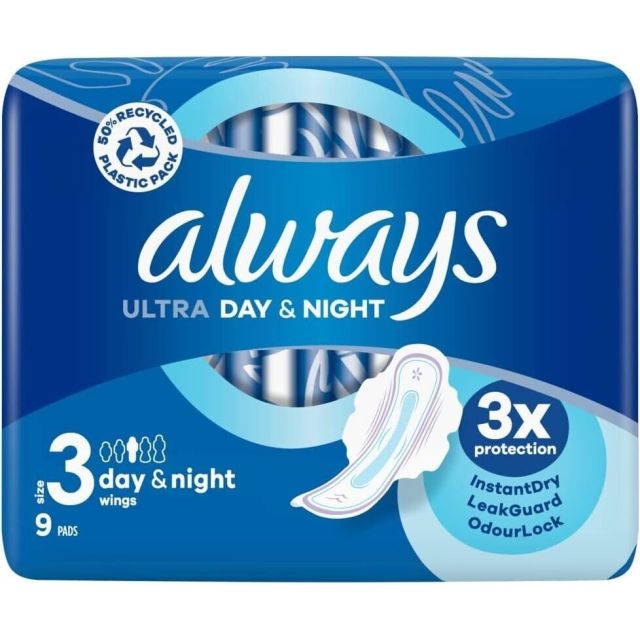 Always Ultra Day & Night Size 3 Towels with Wings Instant Dry Towels - Pack of 9