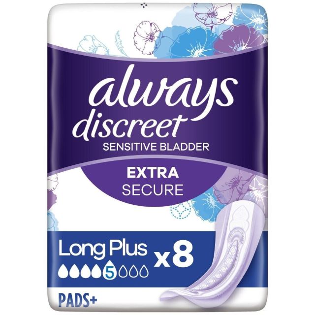 Always Discreet Sensitive Bladder Incontinence Pads Long Plus Pad Thin - 8 Pack