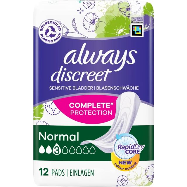 Always Discreet Incontinence Pads Normal for Sensitive Bladder - 12Pack