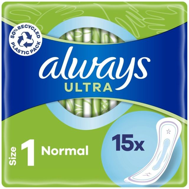 Always Ultra Normal Sanitary Towels Pads Size 1 Women Super Absorbent Pack of 15