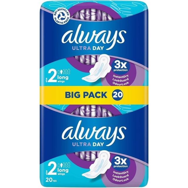 Always Ultra Day Sanitary Towels Long Wings Size 2 - 20 Pack