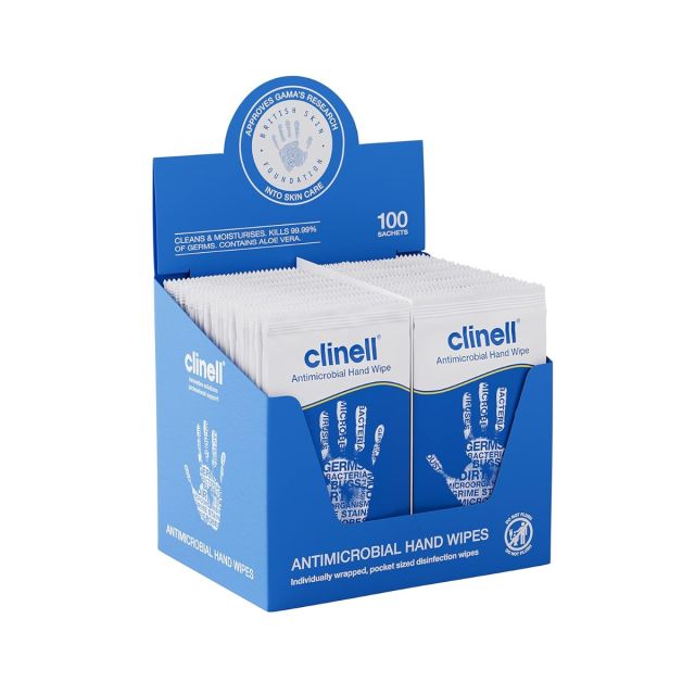 Clinell Antimicrobial Hand Wipes - Pack of 100 Individually Wrapped Sachets