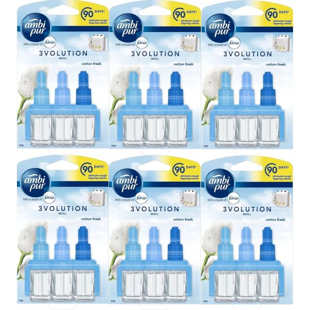 6 x Ambi Pur Febreze 3Volution Air Freshener Plug-In Refill, Cotton Fresh, 20ml