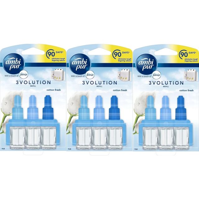 3 x Ambi Pur Febreze 3Volution Air Freshener Plug-In Refill, Cotton Fresh, 20ml