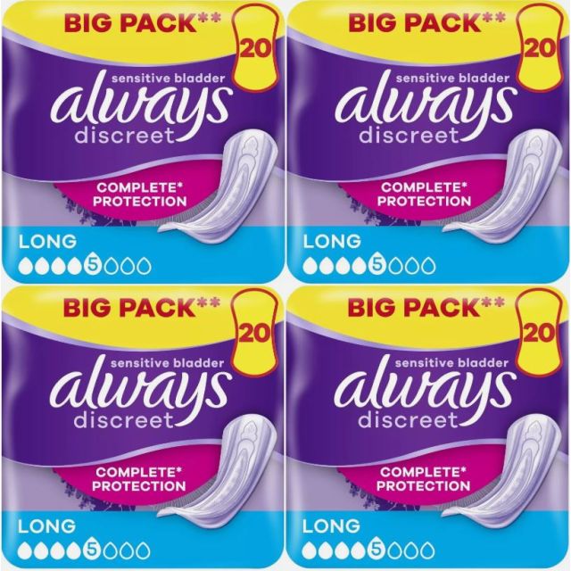 Always Discreet Incontinence Pads Women, High Absorbency, Long, 80 Count (20 x 4 Packs)