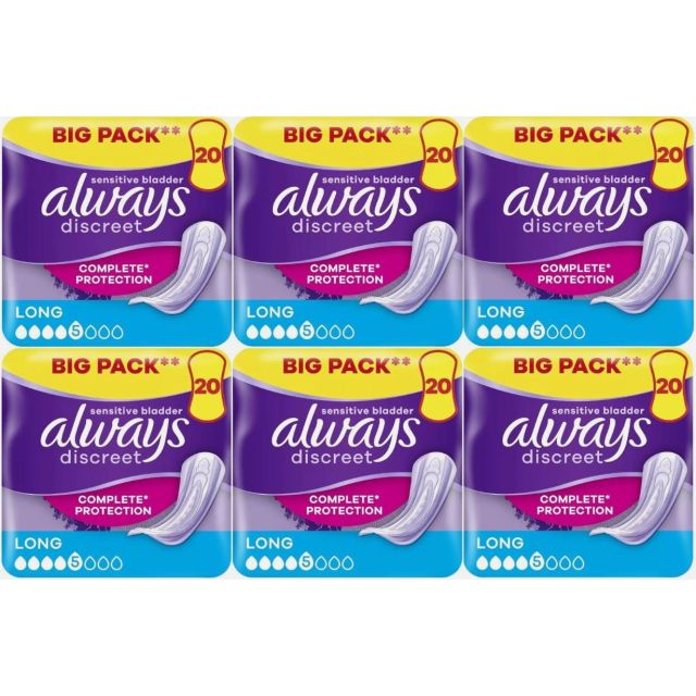 Always Discreet Incontinence Pads Women, High Absorbency, Long, 120 Count (20 x 6 Packs)