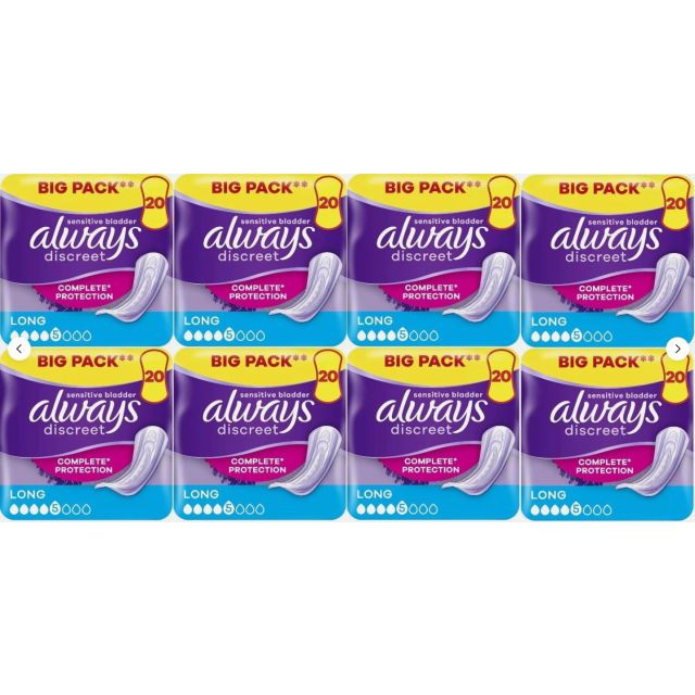 Always Discreet Incontinence Pads Women, High Absorbency, Long, 160 Count (20 x 8 Packs)