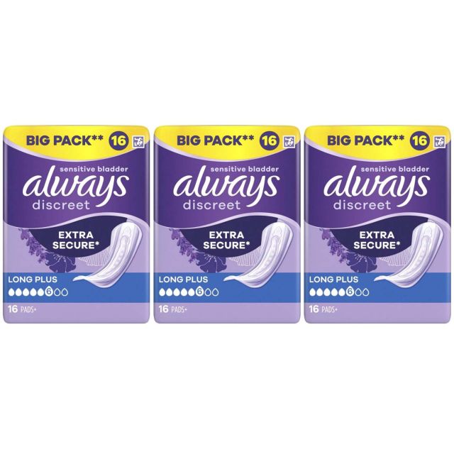 Always Discreet Sensitive Bladder Incontinence Pads, Long Plus, 48 Count (16 x 3 Packs)