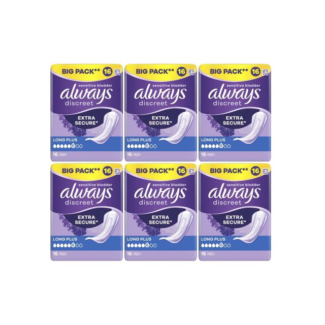 Always Discreet Sensitive Bladder Incontinence Pads, Long Plus, 96 Count (16 x 6 Packs)