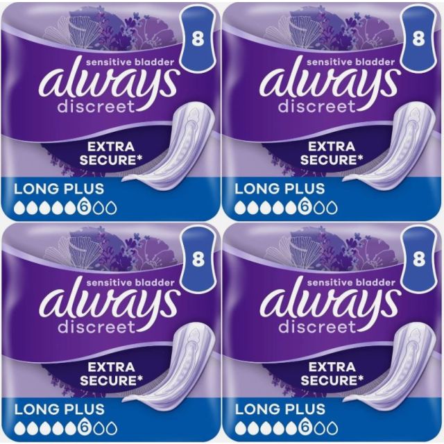 Always Discreet Sensitive Bladder Incontinence Pads, Long Plus, 32 Count (8 x 4 Pack)