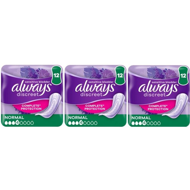Always Discreet Sensitive Bladder Incontinence Pads, Normal, 36 Count (12 x 3 Pack)