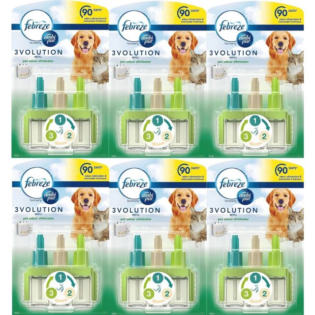 6 x Ambi Pur Febreze 3Volution Air Freshener Plug-In Refill, Fights Pets Odour