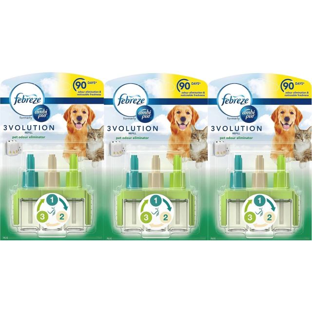 3 x Ambi Pur Febreze 3Volution Air Freshener Plug-In Refill, Fights Pets Odour