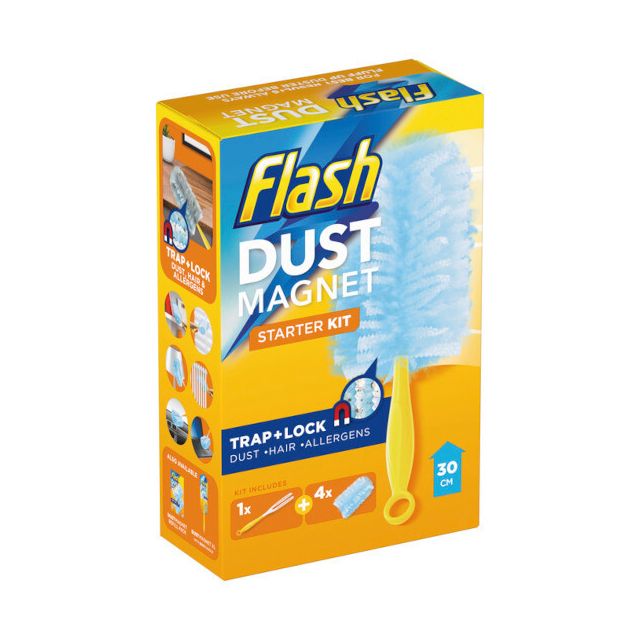 Flash Dust Magnet Duster Starter Kit, 1 Handle & 4 Refills Trap & Lock Away Dust