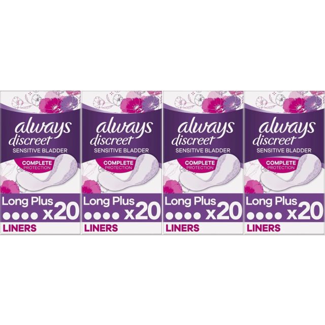 Always Discreet Sensitive Bladder, Incontinence, Womens Panty Liners, Long Plus, 80 Count (20 x 4 Pack)