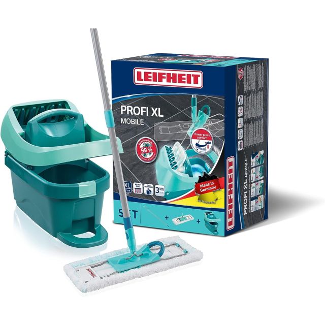 Leifheit Profi XL Mop and Bucket Set, Deluxe 42 cm Large Floor Mop Easy-Steer