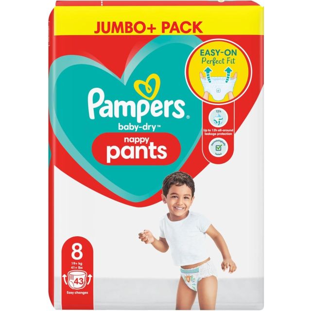 Pampers Baby-Dry Nappy Pants Size 8, 19kg+, Jumbo+ Pack - 43 Nappies