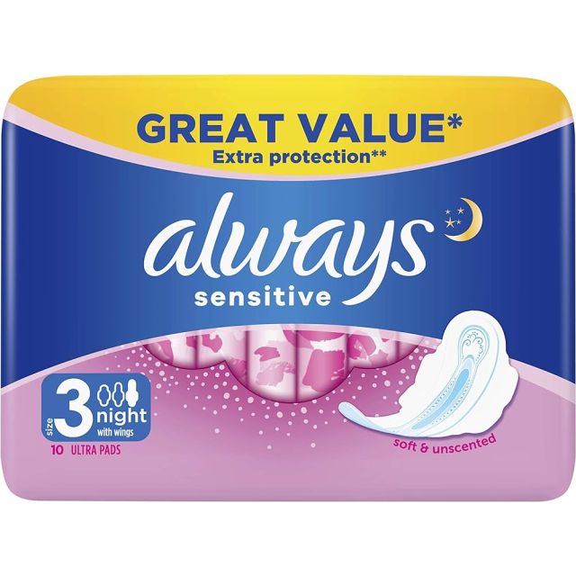 Always Sensitive Night Ultra (Size 3) Sanitary Towels Wings x10