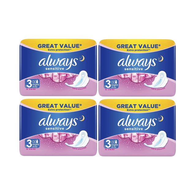 Always Sensitive Night Ultra (Size 3) Sanitary Towels Wings, 40 Count (10 x 4 Packs)