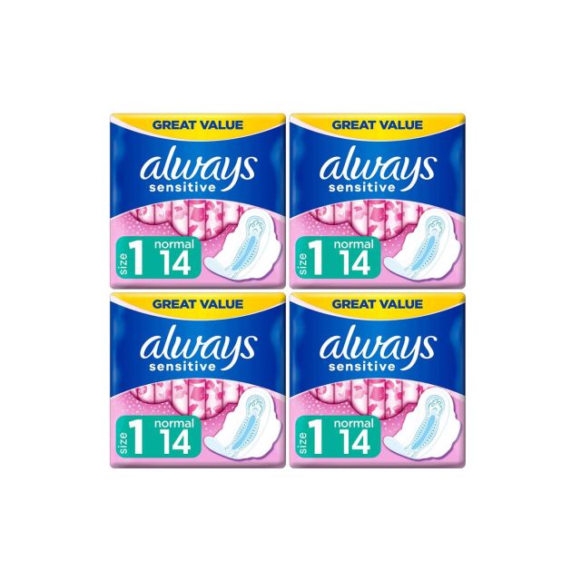 Always Sensitive Normal Ultra (Size 1) Sanitary Towels Wings, 56 Count (14 x 4 Packs)