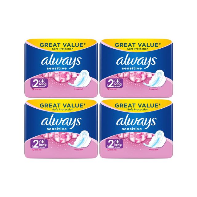 Always Sensitive Long Ultra (Size 2) Sanitary Towels Wings, 48 Count (12 x 4 Packs)