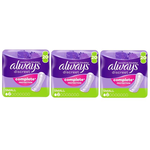 Always Discreet Sensitive Bladder Incontinence Pads, Small, 60 Count (20 x 3 Pack)