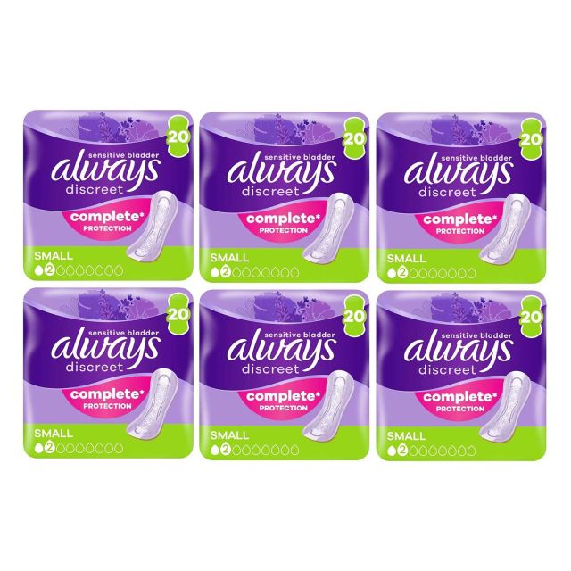 Always Discreet Sensitive Bladder Incontinence Pads, Small, 120 Count (20 x 6 Pack)
