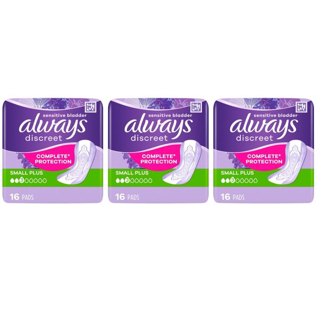 Always Discreet Sensitive Bladder Incontinence Pads, Small Plus, 48 Count (16 x 3 Packs)
