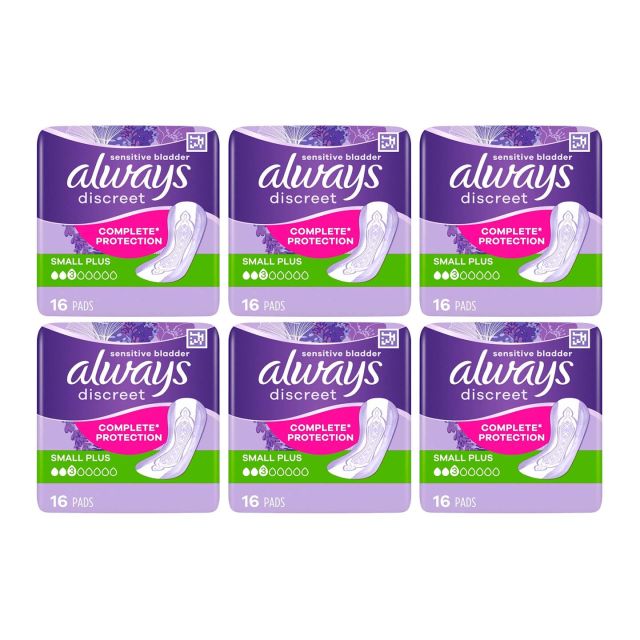 Always Discreet Sensitive Bladder Incontinence Pads, Small Plus, 96 Count (16 x 6 Packs)