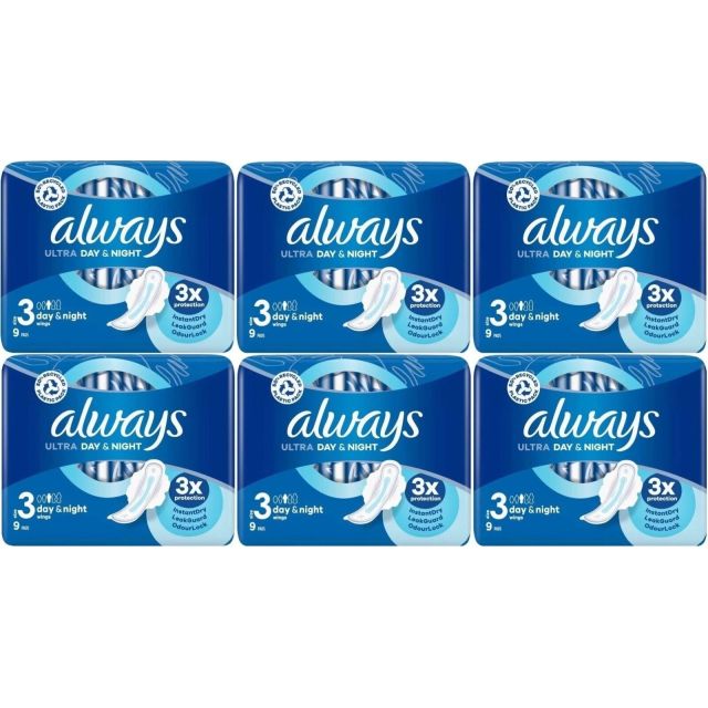 Always Ultra Day & Night Size 3 Towels with Wings, Instant Dry, Leak Guard, 54 Count (9 x 6 Packs)