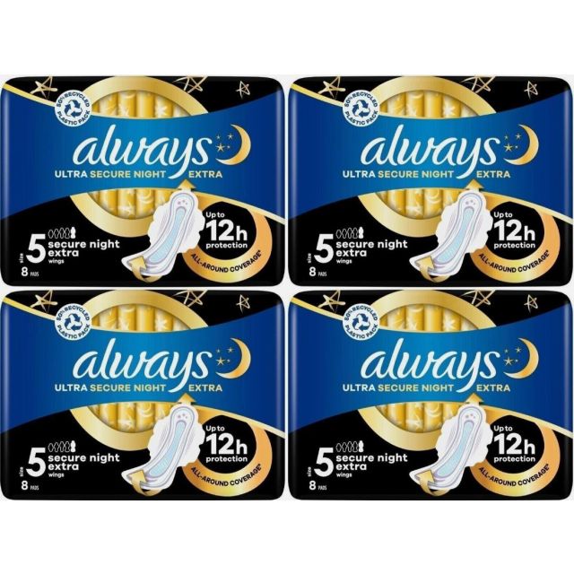 Always Ultra (Size 5) Secure Night Extra with Wings, Sanitary Towel Pads, 32 Count (8 x 4 Packs)