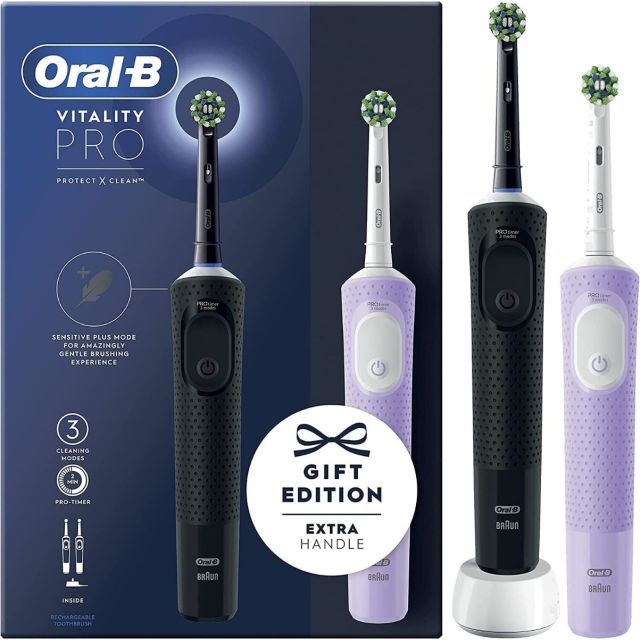 Oral-B Vitality Pro Black & Lilac Duo Pack Electric Rechargeable Toothbrush Gift