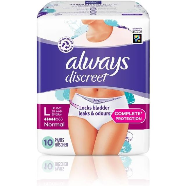 10 x Always Discreet White Pants Normal Underwear Large Complete Protection