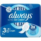 Always Ultra Day & Night Size 3 Towels with Wings Instant Dry Towels - Pack of 9